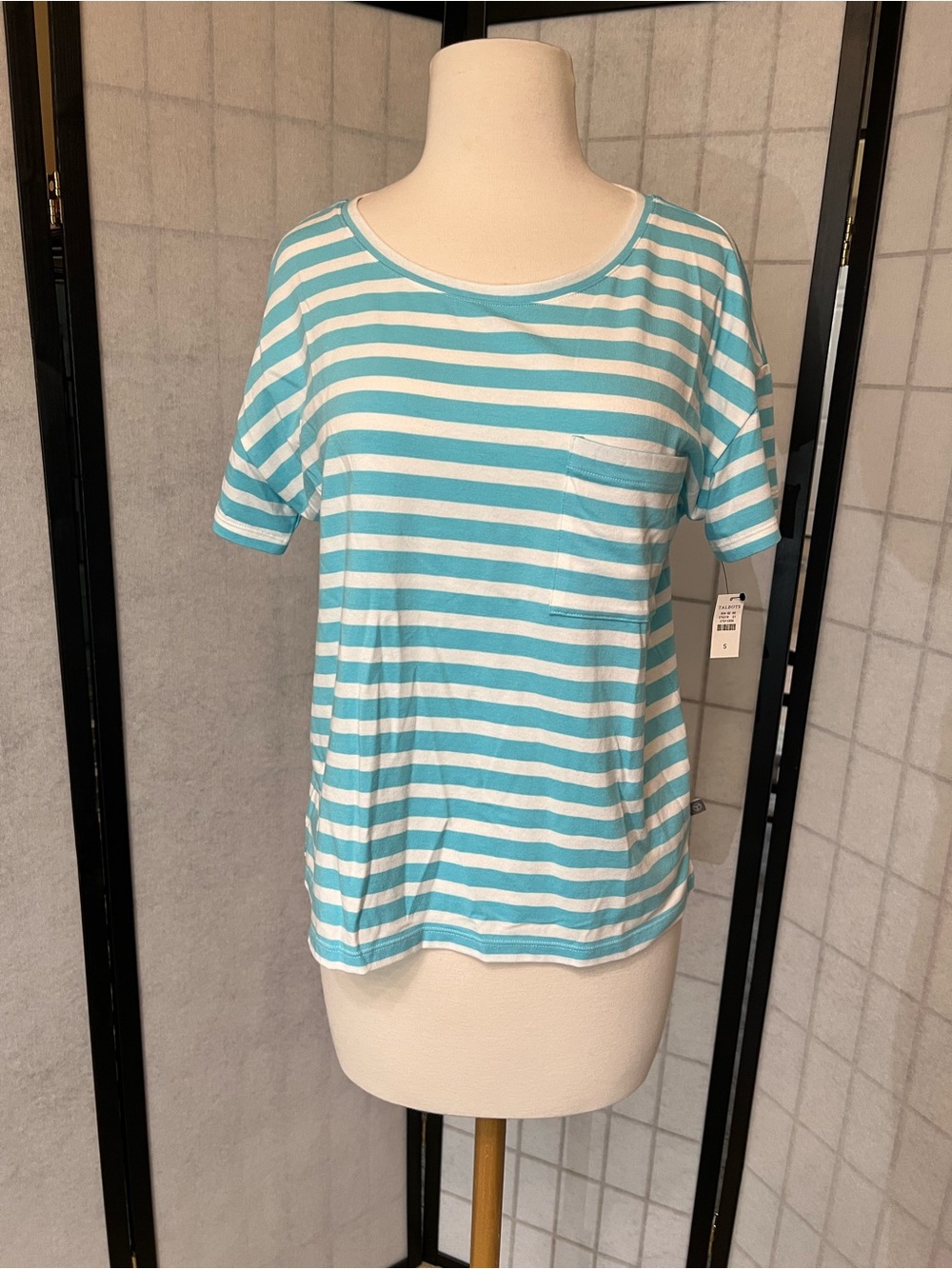 Talbots Aqua & White Striped Short Sleeve Pocket Tee